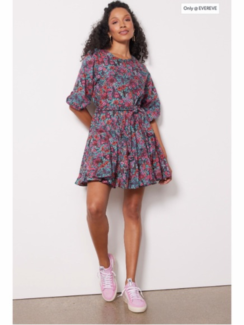 Evereve Pink and Teal Floral Tie-Waist Womens Dress